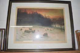 JOSEPH FARQUHARSON STUDY OF SHEEP IN SNOW, COLOURED PRINT, SIGNED IN PENCIL, FRAMED AND GLAZED