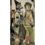 South African School, 20th century, abstract clowns, oil on board, unsigned, unframed.