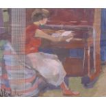 James Belcher (late 19th century) a study of a woman sat by a piano, signed,12x15ins, framed and