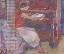 James Belcher (late 19th century) a study of a woman sat by a piano, signed,12x15ins, framed and