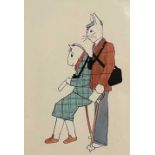 Contemporary sketch of two animals dressed in clothes, ink and wash laid on paper, mounted and