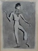 20th Century Portrait of a ballet dancer, ink, watercolour, indistinctly signed. Framed and glazed