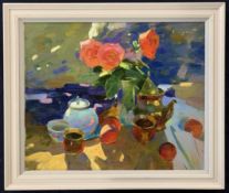 Sergei Kovalenko (Ukrainian, Contemporary), still life with flowers and fruit, oil on board, signed,