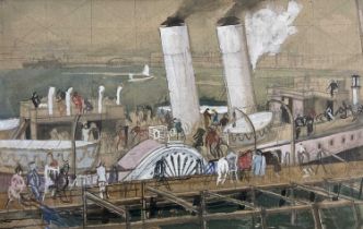 Attributed to Anthony Gross CBE RA (British, 1905-1984), Figures by a paddle steamer, pen, ink and