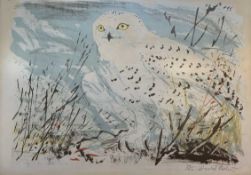 David Koster (British b.1926) coloured lithograph of owls signed and numbered 21/50 in a white