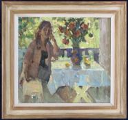 Ukranian, contemporary, a seated figure sat at a table with flowers, oil on canvas, indistinctly