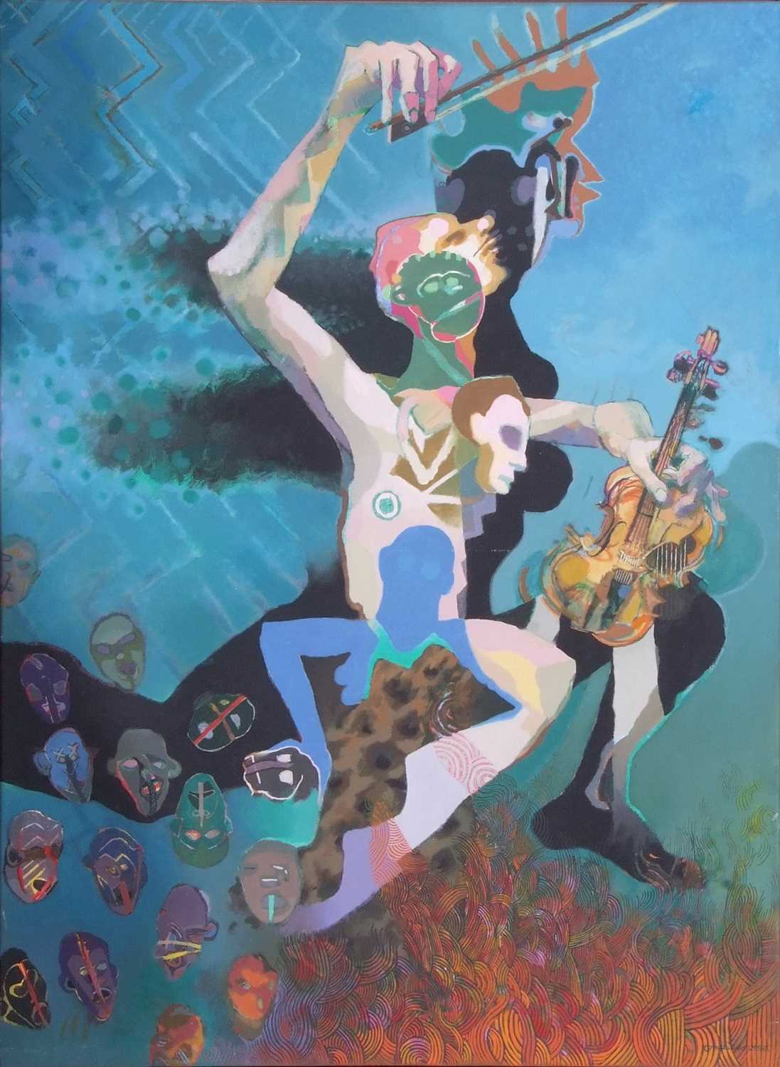 Tom Phillips (British b. 1937) "Orpheus" oil on canvas, signed. Provenance: Exhibited John Moores - Image 2 of 3