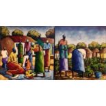 Peter Kwangware (Zimbabwean, Contemporary), A pair of African scenes on canvas depicting a clothes