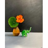 Joceline Wickham RA (British, contemporary), 'Elephant leaving Nasturtium', oil on wooden panel,