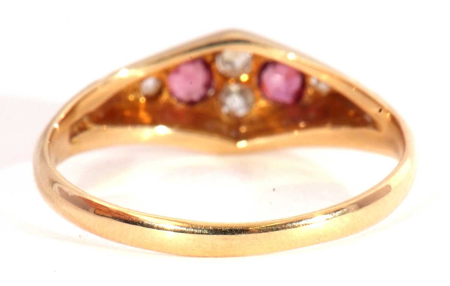 Antique ruby and diamond ring, lozenge shaped, centering two round cut rubies highlighted with - Image 4 of 8