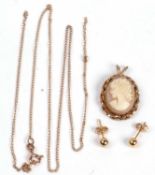 Mixed lot: A cameo pendant, a 9ct gold trace chain (broken) together with a pair of 375 stamped stud