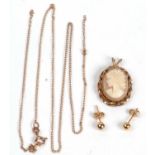 Mixed lot: A cameo pendant, a 9ct gold trace chain (broken) together with a pair of 375 stamped stud