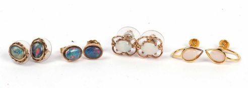 Four pairs of modern opalescent set earrings, two pairs marked 375, one 925 and one unmarked