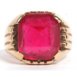 Large red stone signet ring, the square cabochon stone is 16x16mm raised between threaded