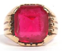 Large red stone signet ring, the square cabochon stone is 16x16mm raised between threaded