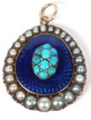 Vintage blue enamel turquoise and pearl pebble shaped pendant, centering a turquoise oval set