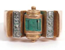 Emerald and diamond cocktail ring, the centre with three rectangular cut emeralds flanked by small