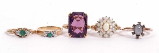 Mixed Lot: Modern 9ct gold opalescent and small diamond cluster ring, stamped QVC, a large purple