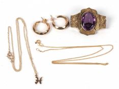 Mixed Lot: Victorian amethyst gold filled brooch, 4x3cm (a/f), a pair of 9ct gold hoop earrings of