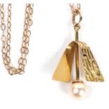 9ct gold and seed pearl pendant, a stylised design, a plain polished and textured pendant with a