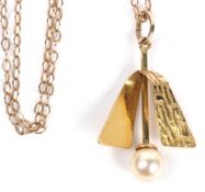 9ct gold and seed pearl pendant, a stylised design, a plain polished and textured pendant with a