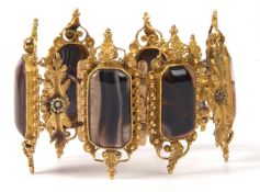 Antique gilt metal and agate bracelet etruscan style links each with six banded agate panels