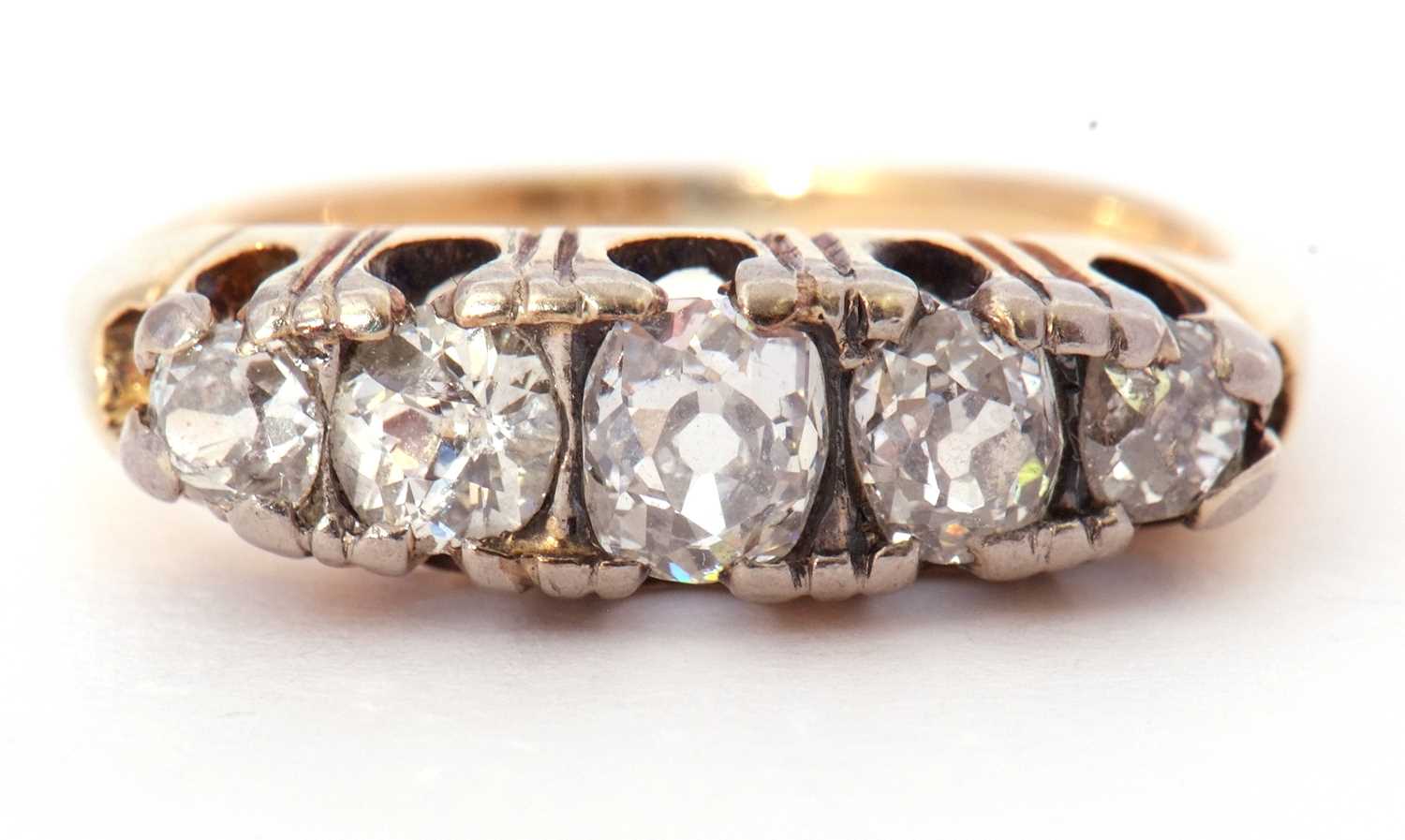 Antique 5 stone diamond ring featuring five old cut diamonds individually claw set in a pierced - Image 2 of 7