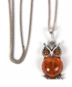 Modern 925 and amber owl pendant necklace