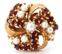 9ct gold seed pearl and garnet cluster ring, a circular tied ribbon design decorated with ten