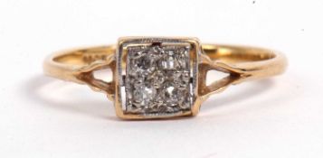 Antique diamond ring, the square panel set with four old cut diamonds between split shoulders,