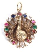 9ct gold peacock pendant, the plumage set with coloured paste stones, g/w 5.2 gms