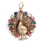 9ct gold peacock pendant, the plumage set with coloured paste stones, g/w 5.2 gms