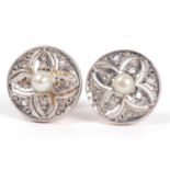 Pair of diamond and pearl stud earrings, each pair circular plaque centering a small seed pearl