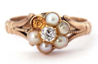 Diamond seed pearl cluster ring, the flower head design centering a small round old cut diamond 0.