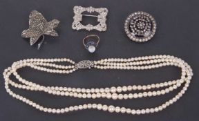 Mixed Lot: Vintage round paste set brooch, a 925 and marcasite leaf brooch, a paste set buckle