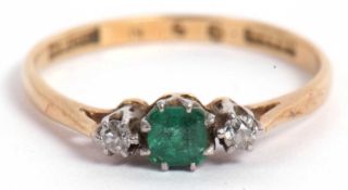 Antique emerald and diamond ring, the small square cut emerald is 4.15x4.15mm, between two small