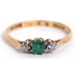 Antique emerald and diamond ring, the small square cut emerald is 4.15x4.15mm, between two small