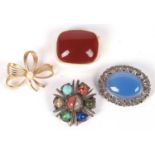 Mixed Lot: Silver and marcasite blue stone brooch together with three other costume brooches