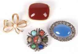 Mixed Lot: Silver and marcasite blue stone brooch together with three other costume brooches