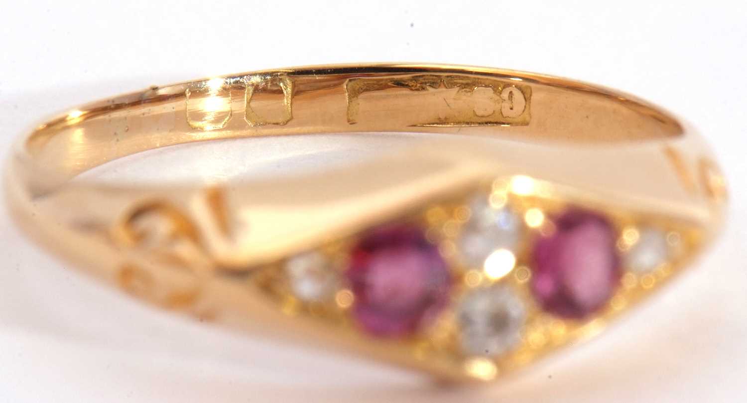 Antique ruby and diamond ring, lozenge shaped, centering two round cut rubies highlighted with - Image 5 of 8