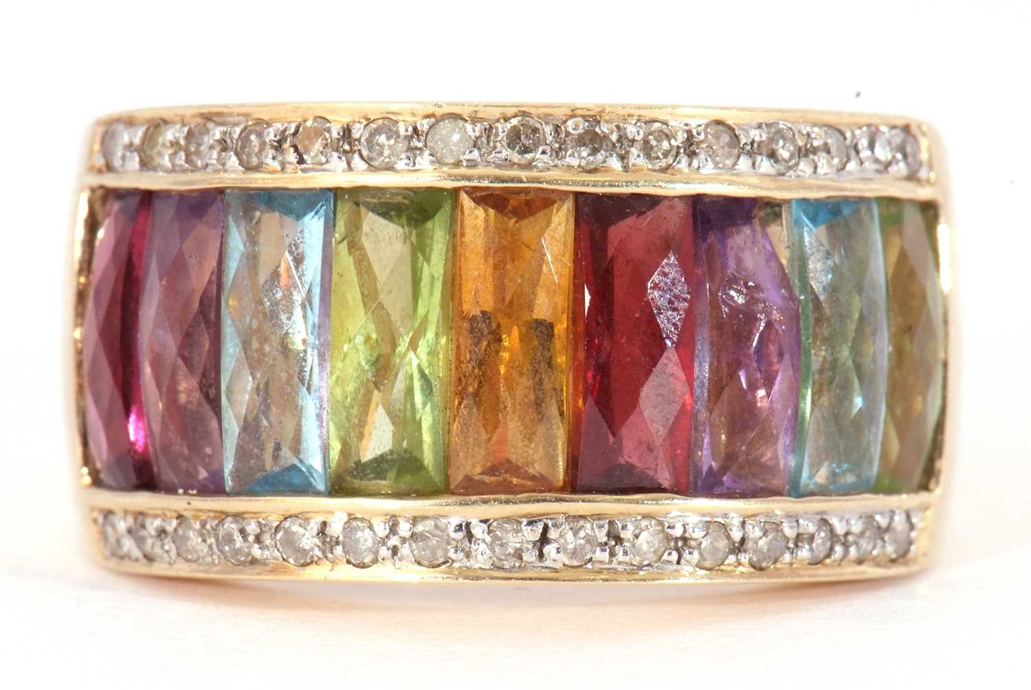 14ct gold rainbow gemstone half hoop ring, parvez set with peridot, amethyst, garnet, citrine and