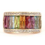 14ct gold rainbow gemstone half hoop ring, parvez set with peridot, amethyst, garnet, citrine and