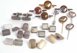 Mixed Lot: Five pairs of cufflinks (four pairs stamped sterling or 925), four enameled tie pins,