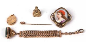 Mixed Lot: Victorian porcelain hand painted brooch in a gilt metal mount, a 9ct gold back and