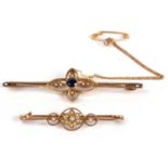 Mixed lot to include a 15ct marked sapphire and seed pearl brooch, 52 mm long, together with a small