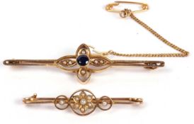 Mixed lot to include a 15ct marked sapphire and seed pearl brooch, 52 mm long, together with a small