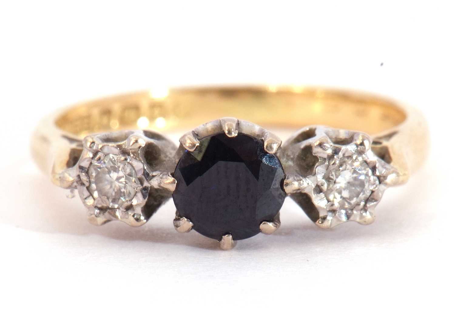 18ct gold sapphire and diamond three stone ring, the round cut sapphire between two small illusion - Image 2 of 8