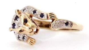 Modern 9ct gold diamond and sapphire panther ring, size M-N