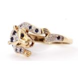 Modern 9ct gold diamond and sapphire panther ring, size M-N