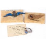 Mixed lot including an enamel and sterling marked RAF sweetheart brooch (a/f), a RAF enameled ring
